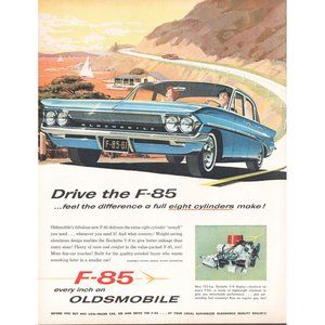 1961 Oldsmobile F-85 Sedan Blue Classic Car Vintage Print Ad Coast Sailboat Art